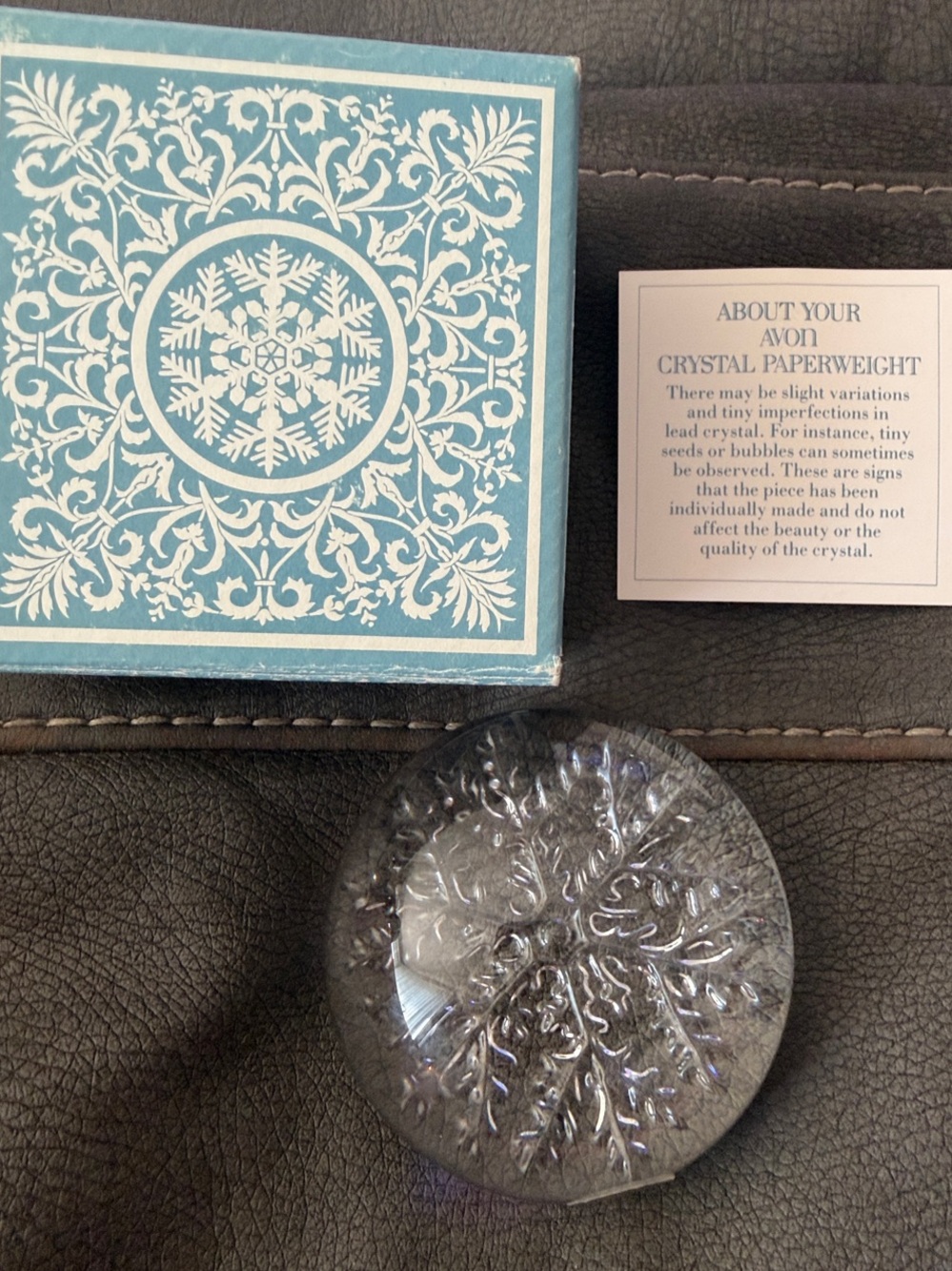 Avon Clear Crystal Snowflake Paperweight with Blue Box